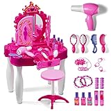 Play22 Pretend Play Girls Vanity Set with Mirror and Stool 21 PCS - Kids Makeup Vanity Table Set with Lights and Sounds - Kids Beauty Salon Set Includes Fashion Hair & Makeup Accessories & Blowdryer