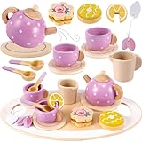 BUYGER Wooden Tea Party Set for Toddler Little Girls 3-5 with Teapot Tea Cup Set Wooden Play Food Toy Kitchen Accessories for Kids Girls Children Boys Toddler