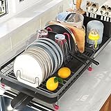 TOOLF Expandable Dish Drying Rack, Large Capacity Dish Drainer with Drainboard, Dish Rack for Kitchen, Anti-Rust Plate Rack with Glass & Utensil Holder
