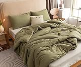 ROSGONIA Olive Green Comforter Set Queen- 3pcs (1 Comforter & 2 Pillowcases) Simple Style Solid Color Queen Comforter Set for Women and Men- Reversible Soft Warm Microfiber Comforter for All Season