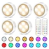 Puck Lights with Remote Control Battery Operated Wireless LED Under Cabinet Lighting, Stick on Tap Light Push Lights, Color Changing Under Counter Lights for Kitchen, Closets, Shelf, 5 Pack - White