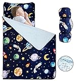Toddler Nap Mat with Removable Pillow and Soft Dot Minky Blanket, Pea Pod Kids Napping Mats Rockets Space Rolled Slumber Bags for Boys Preschool, Daycare, Camping 22 x 54inch Ages 3-7 Years, Navy Blue