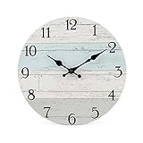 Silent Non-Ticking Wooden Decorative Round Wall Clock Quality Quartz Battery Operated Wall Clocks Vintage Rustic Country Tuscan Style Wooden Home Decor Round Wall Clock(10 Inch, Coastal Worn Blue )