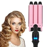 0.9 Inch(22mm) Crimper Hair Iron, Aima Beauty 3 Barrel Curling Iron Temperature Adjustable, Beach Hair Waver with LCD Temperature Display Dual Voltage, Pink