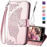 Wallet Case for iPhone SE 2020/SE 2022/iPhone 8/iPhone 7,Women Butterfly Embossed PU Leather Kickstand Credit Card Holder Slots Wrist Strap Flip Cover for iPhone 7/8/SE 2nd 3rd Gen (Rose Gold)
