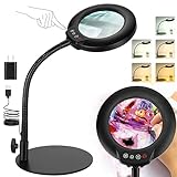 Drdefi 8X Magnifying Glass with Light and Stand, 5 Color Modes Stepless Dimmable Flexible Gooseneck Magnifying Desk Lamp, LED Lighted Magnifier Hands Free for Craft Reading Painting Close Work Hobby