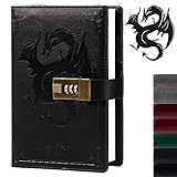TIEFOSSI Dragon Leather Journal, Hardcover Notebook, Locked Refillable Diary, Lined/Blank Paper Writing Journals with Combination Lock for Men Women Child (Black)