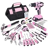 FASTPRO 232-Piece 20V Pink Cordless Lithium-ion Drill Driver and Home Tool Set, Lady's Home Repairing Tool Kit with 12-Inch Wide Mouth Open Storage Tool Bag