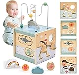 Atoylink Wooden Activity Cube for Toddlers 1-3, 5 in 1 Ocean Animal Shape Sorter Bead Maze Montessori Toys Baby 6-12 Months Educational Learning Toys for 1 Year Old Boy Girl Birthday Gift