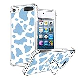 OOK Compatible with iPod Touch 7/6/5 Generation Case Ring Holder for Girls Woman,Soft TPU Bumper PC Back Shockproof Protective Case-Blue Cow