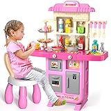 Kids Kitchen Playset for Toddlers Girls, Toy Sets Pretend Play Food Toy with Chair for Kids Ages 3-8, Kitchen Accessories Set with Light Sound Spray