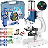 58-pcs Microscope Kit for Kids 5-7 8-12, 100X-1200X Kids Microscope with Metal Body Microscope, Carrying Box, LED Light, Science Experiments Kit Toys for Kids 3-5 6 7 8 9 10 Christmas Birthday Gift