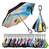 SIEPASA 40/49/56/62 Inch Inverted Reverse Upside Down Umbrella, Extra Large Double Canopy Vented Windproof Waterproof Stick Umbrellas with C-shape Handle.(the Beach, 49 Inch)