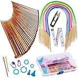 Bamboo Knitting Needles Set, Exquiss 18 Pairs Circular(31.5”) Wooden Knitting Needles with Colored Plastic Tube, 36PCS Single Pointed Bamboo Knitting Needles(9.5”), Include Knitting Tools for Weaving