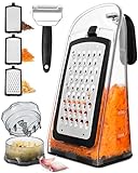 Joined Cheese Grater with Garlic Crusher - Box Grater Cheese Shredder - Cheese Grater with Handle - Graters for Kitchen Stainless Steel Food Grater - Garlic Mincer Tool and Vegetable Peeler