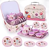Toy Tea Set for Little Girls, Princess Tea Toy Kid Afternoon Tea Set Including Teapot,Cups, Plates, Dessert, Drinks & Carrying Case, Kitchen Pretend Play Toys Birthday Gift for Kids (Flower Tea Set)
