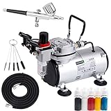 Timbertech Airbrush Kit with Compressor AS18-2K Basic Start Kit with Air Hose, Cleaning Brush & Test Paints for Hobby, Body Tattoo, Graphic and Any Other Airbrush Application