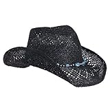 Vamuss Straw Cowboy Hat for Women with Beaded Trim and Shapeable Brim, Black/Blue, One Size