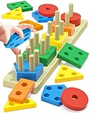Montessori Toys for 1 2 3 Year Old Boys Girls Toddlers, Wooden Sorting and Stacking Preschool Educational Toys, Color Recognition Stacker Shape Sorter Puzzles