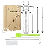 Meat Injector Syringe 2-oz Marinade Flavor Barrel 304 Stainless Steel with 3 Marinade Needles for BBQ Grill Smoker, Turkey, Fish, Brisket, Paper Silicone Brush and Instruction Included by Kendane