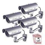 FITNATE Dummy Security Camera, 4 Packs Fake Surveillance Security CCTV Camera System with LED Red Flashing Light for Both Indoor & Outdoor Use + Security Camera Warning Stickers × 4 (Silver)