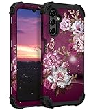 Hocase Heavy Duty Shockproof Protection Soft Silicone Rubber Bumper+Hard Plastic Hybrid Protective Case for Samsung Galaxy A14 5G (6.6' Display) 2023 - Burgundy Flowers