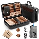 LIHTUN Cigar Humidor, Leather Cedar Wood Travel Cigar Case and Multifunctional 5-in-1 Cigar Lighter Set - Portable Travel Humidor Box with 2 Two-Way Humidity Packs - Cigar Gift for Men (Black)