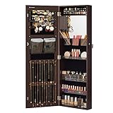 SONGMICS Jewelry Cabinet Armoire with Mirror, Wall/Door Mount Storage Organizer with Full-Length Frameless Mirror, Lockable Cabinet with Built-in Small Mirror, Shelves, Gift Idea, Brown UJJC003K01