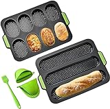 Set of 4 Silicone Baguette Pan with gloves brush Mini Baguette Baking Tray Silicone Loaf Pan NonStick Silicone French Bread Baking Mould Easy Clean DIY 8 Loave Baguette Mold Loaf Pan (Dark gray)