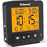 Geevon Small Atomic Travel Alarm Clock with Auto/8s Backlight, 2 Alarm Settings, Temperature, Increasing Beep Sounds Digital Atomic Travel Clock Battery Operated for Bedroom, Bedside