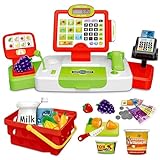 Kids Cash Register with Card Scanner and Credit Card - Toddler Electronic Toy Pretend Play Grocery Supermarket Cashier Playset with Barcode Scanner-Grocery Play Cash Register Toy for 3 Years and More