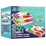 30 Pack Vacuum Storage Bags, Space Saver Bags (6 Jumbo/6 Large/6 Medium/6 Small/6 Roll) with Hand Pump for Household Space Saving & Travel Organization