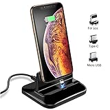 Magnetic Dock Charging Station with 3pcs Removable Connector, Desktop Charger Docking Stand Base for iOS Xs max X 11 12 8 7 6 6s Plus and for Android Phone Type C/Micro USB Devices(Not fit Thick case)