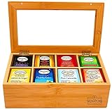 Natural Bamboo Tea Box Storage Organizer- 8 Compartments Tea Bag Holder with Clear Acrylic Window- Natural Wooden Finish Tea Storage Organizer