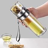 PUPOPIK 14oz Double Wall Glass Water Bottle Tea and Portable Travel Water Separation Tea Bottle Mug Cup with Tea Infuser,Clear Filtrating Tea Maker for Loose Leaf Tea (Sliver-450ml)