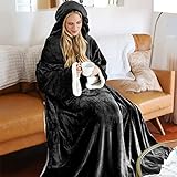Tirrinia Sherpa Hood Wearable Blanket for Adult Women and Men, Super Soft Comfy Warm Plush Throw with Sleeves TV Blanket Wrap Robe Hoodie Cover for Sofa, Couch 72' x 55' Black