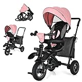 BABY JOY Toddler Tricycle, 7 in 1 Folding Steer Trike w/Rotatable Seat, Adjustable Canopy, Push Handle, Guardrail, Safety Harness, Brakes, Cup Holder & Storage, Tricycle for Toddlers Ages 1.5-5 (Pink)