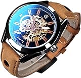 Gute Mens Watches, Mechanical Skeleton Automatic Self-Winding Steampunk Watch for Men, Casual Clock Brown Leather Wrist Watch