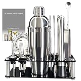 Bartender Kit, 13 Piece Cocktail Shaker Set Stainless Steel Bar Tools with Black Stand, 25 oz Shaker, Jigger, Spoon, Pourers, Muddler, Strainer, Tongs, Recipes