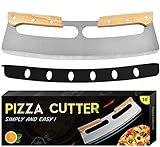 UIRIO 14 Inch Stainless Steel Pizza Cutter Rocker - Dishwasher Safe Protective Blade Cover - Non-Stick Mezzaluna Knife Slicer - Kitchen Tool Pie Cutting - Wooden Handle for Chopping