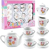Liberty Imports 16 Piece Rose Flower Miniature Porcelain Ceramic Tea Set | Kids Toy Mini Pretend Play Kitchen Decorated Playset | Small Party Accessories Teapot, Cups, Sugar Bowl and Creamer