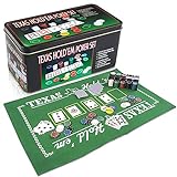 Gamie Texas Holdem Poker Game Set - Includes Hold’em Mat, 2 Card Decks, Chips, Chip Holder and Tin Storage Box - Fun Game Night Supplies - Cool Casino Gift for Kids and Adults