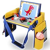Kids Travel Tray with Brick Baseplate, Toddler Car Seat Lap Tray, Dry Erase Board & Snacks Table in Car for Child Road Trip, Blue