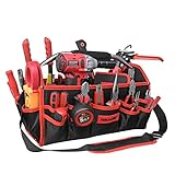 TOOLEAGUE 16 Inches Open Top Tool Tote Bag 25 Pockets,1680D Reinforced Material Tool caddy,Tool bags for electricians, Steel Handle and Shoulder Strap