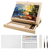 LUCYCAZ Tabletop Easel Set, Easel for Painting Canvases, Portable Wooden Art Easel Painting Kits for Adults Artist Kids, 12 Colors Acrylic Paints, 2 Brushes, Palette and Knives