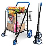 SereneLife Shopping Supermarket Cart with 360 Rolling Swivel Wheels, Collapsible Design, Double Basket Compartment, Heavy Duty Shopping Cart, Utility Cart for Grocery, Laundry, Luggage, Blue