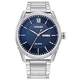 Citizen Men's Classic Eco-Drive Watch with 3-Hand Day and Date, Stainless/ Blue Dial