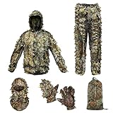 Ghillie Suit Camouflage Hunting Suits Outdoor 3D Leaf Lifelike Camo Clothing Lightweight Breathable Hooded Apparel Suit, Hunting Gloves, Leafy Face Mask and Bag for Jungle Shooting Halloween