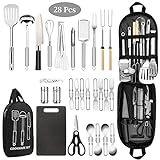 Camping Cooking Utensils Set, Stainless Steel Grill Tools, Camping BBQ Cookware Gear and Equipment for Travel Tenting RV Van Picnic Portable Kitchen Essentials Accessories (Black-28 PCS)