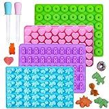 Gummy Bear Molds Silicone Mini Size, Non-stick Chocolate candy Gummy Mold for Kid with 2 Droppers Including Mini Dinosaur, Bear, Hearts and Mini Donut Shape 201 Cavities